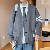 Gangfeng cardigan sweater mens spring and autumn trend Korean student sweater coat mens V-collar wool clothes