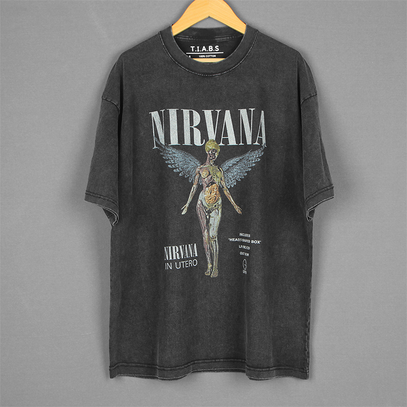 Tiabs Nirvana Band Short-Sleeved Washed Vintage in Utero Rock Drop-Shoulder Pure Cotton T-Shirt Tiabs Nirvana Band Short-Sleeved Washed Vintage in Utero Rock Drop-Shoulder Pure Cotton T-Shirt