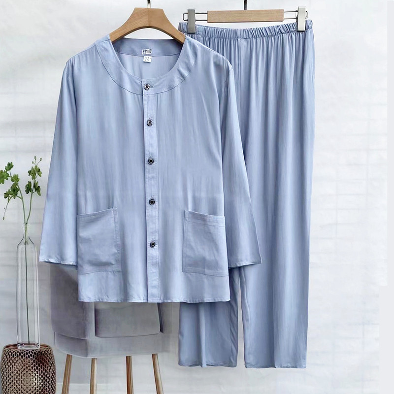 Cotton Silk Pajamas Men's Set, Long-Sleeved Home Wear for Middle-Aged and Elderly, Dad's Set, Can Be Worn Outside, Round Neck Cotton Silk Cardigan, Loose Fit, Summer Cotton Silk Pajamas Men's Set, Long-Sleeved Home Wear for Middle-Aged and Elderly, Dad's Set, Can Be Worn Outside, Round Neck Cotton Silk Cardigan, Loose Fit, Summer