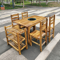 Solid wood hot pot table induction cooker integrated restaurant food stall hot pot restaurant commercial hotel long table and chair