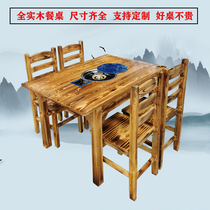 Hotel stall solid wood hot pot table rectangular gas stove square table midnight barbecue restaurant grilled fish stone pot fish special