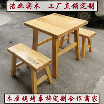 Wooden house barbecue solid wood table and chair bench custom Restaurant rectangular thickened restaurant chain commercial table and chair