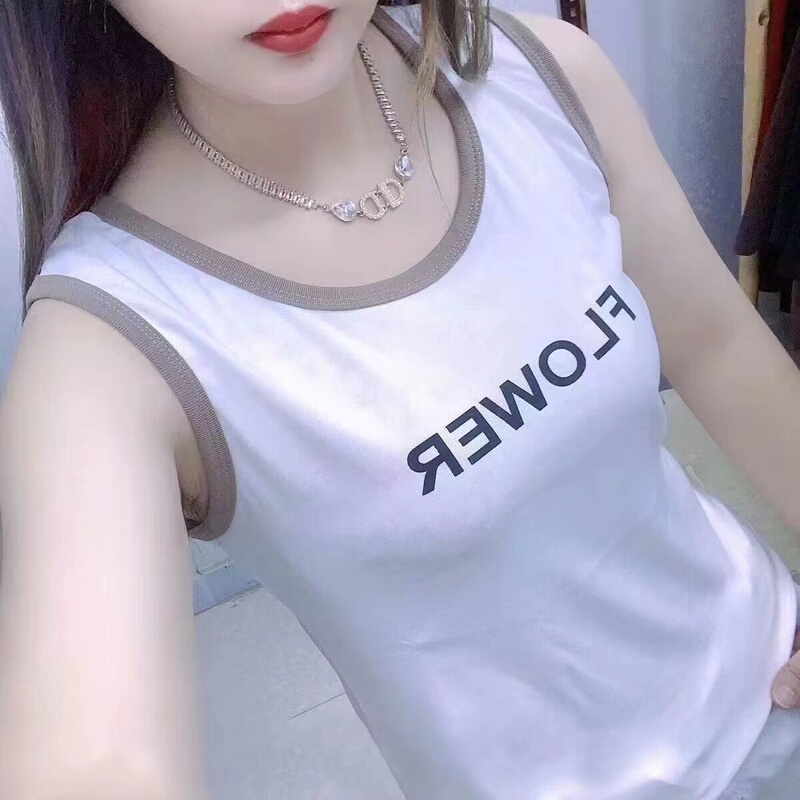 Color-Block Letter Print Camisole Women's Clothing 2024 New Summer Slim-Fit Outerwear Sleeveless Top Slimming