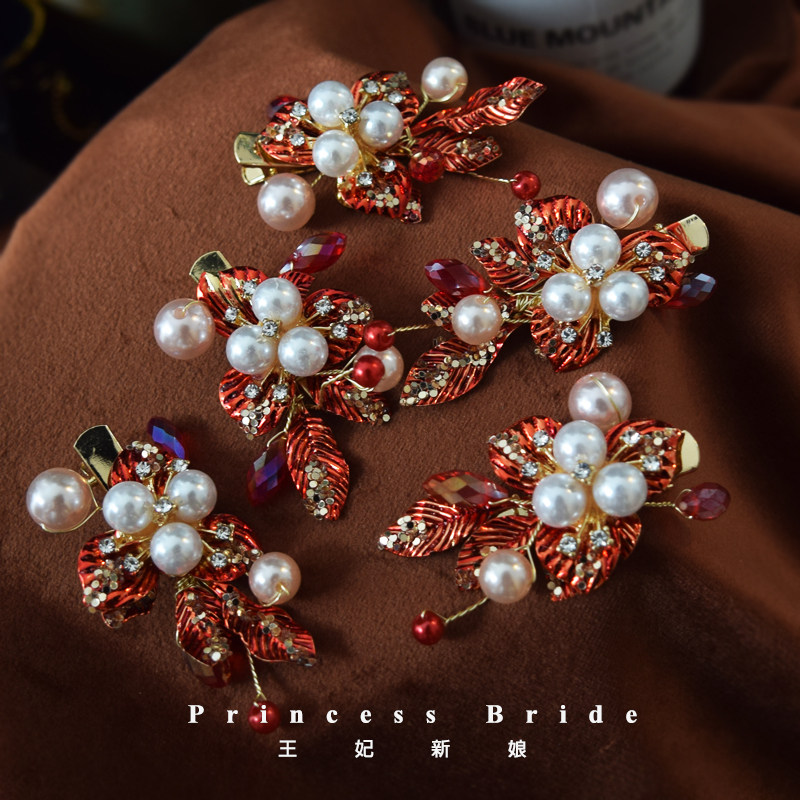 Bride Japanese and Korean style red headdress edge clip side clip small clip Hanfu evening dress wedding dress cheongsam wedding hair accessories