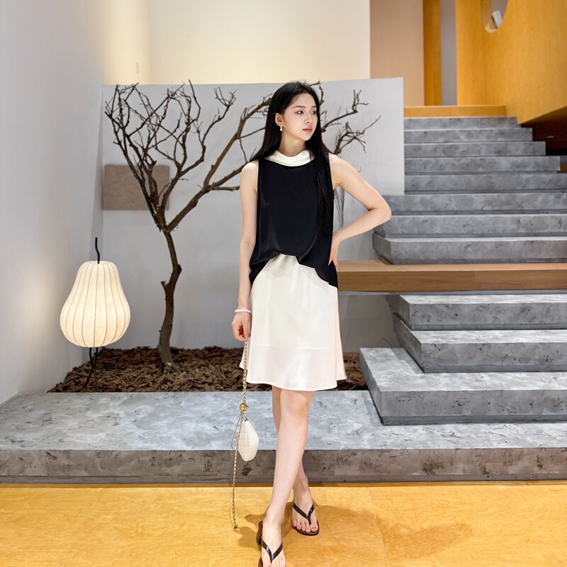 Black and White Tone | Mulberry Silk Stretch Double Gauze + Heavy Silk Satin | Detachable Contrasting Color Collar Vest Top - 7011 Black and White Tone | Mulberry Silk Stretch Double Gauze + Heavy Silk Satin | Detachable Contrasting Color Collar Vest Top - 7011