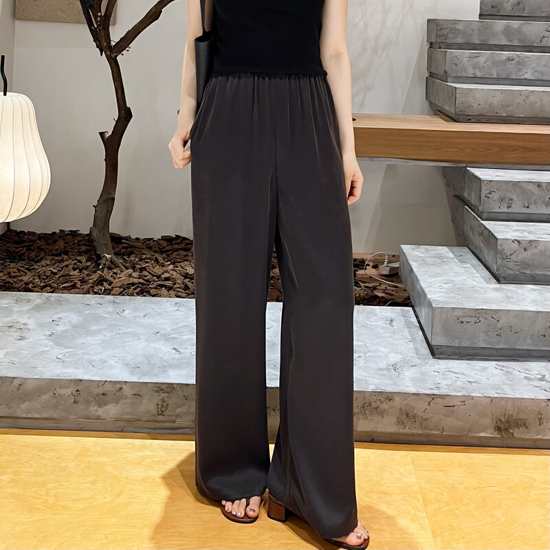 Black Coffee | 100% Mulberry Silk | 28mm Sand-Washed Heavy Satin Fully Elastic Waist Straight-Leg Slimming Gala Pants-7024 Black Coffee | 100% Mulberry Silk | 28mm Sand-Washed Heavy Satin Fully Elastic Waist Straight-Leg Slimming Gala Pants-7024
