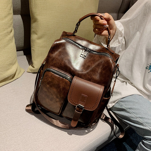 Retro Backpack Women's 2023 New Korean Style Fashion Simple Versatile Leather Large Capacity Backpack College Student Bag