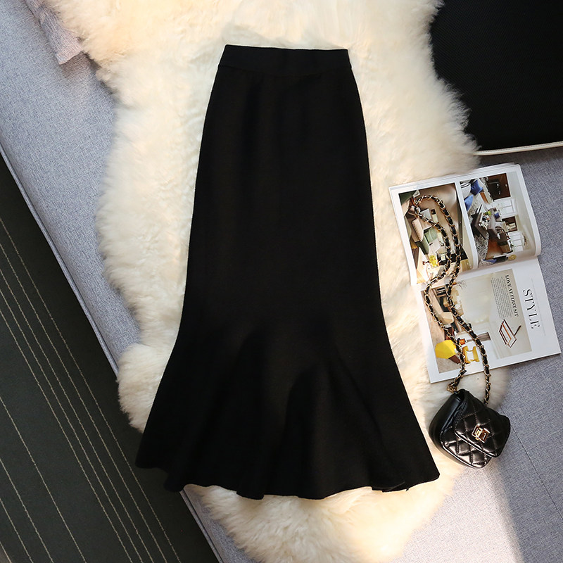 Knitted Skirt Half Body Skirt Woman Autumn Winter Mid style Hip Fish Tail Skirt 2023 New A-word dress High waist dresses Long dress-Taobao