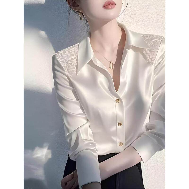 Rouje Dsyle Mature and Unique Lace Patchwork Satin Shirt for Women 2026 New Early Spring Stylish Top