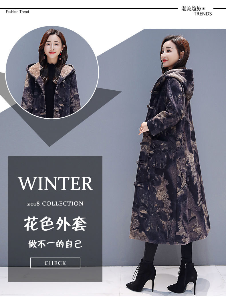 Mùa đông phong cách mới cộng với áo khoác len nhung dày nữ retro phong cách quốc gia kích thước lớn in khóa giữa áo bông dài áo phao nữ