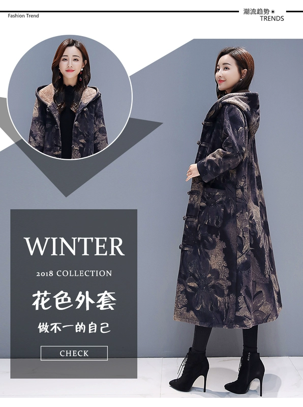 Mùa đông phong cách mới cộng với áo khoác len nhung dày nữ retro phong cách quốc gia kích thước lớn in khóa giữa áo bông dài
