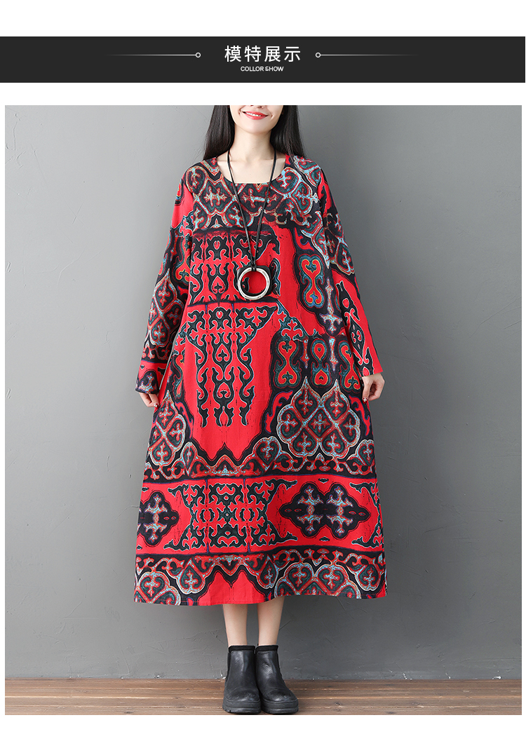 Phong cách dân tộc cotton và linen dress nữ 2018 mùa thu mới văn học retro in ấn lỏng mỏng linen dài váy thủy triều váy lụa