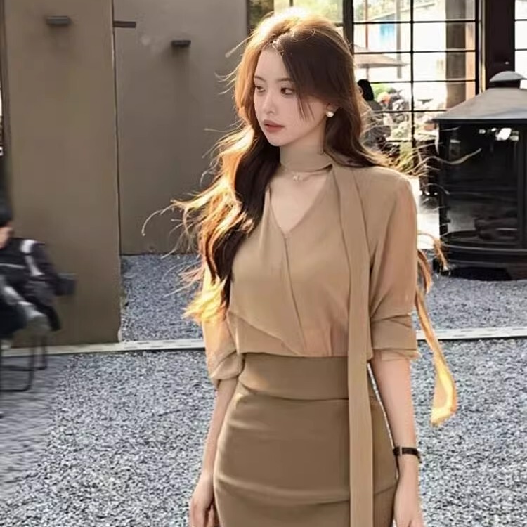2026 Spring New Style Light Luxury High-End V-Neck Scarf Ribbon Long-Sleeve Chiffon Shirt Top + Bodycon Skirt