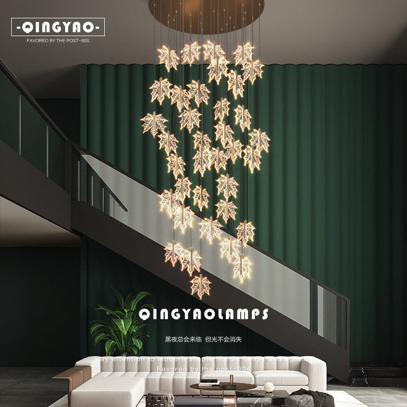 Duplex building chandelier large living room hotel long stairwell villa light luxury creative art personality dining room lamps maple leaf