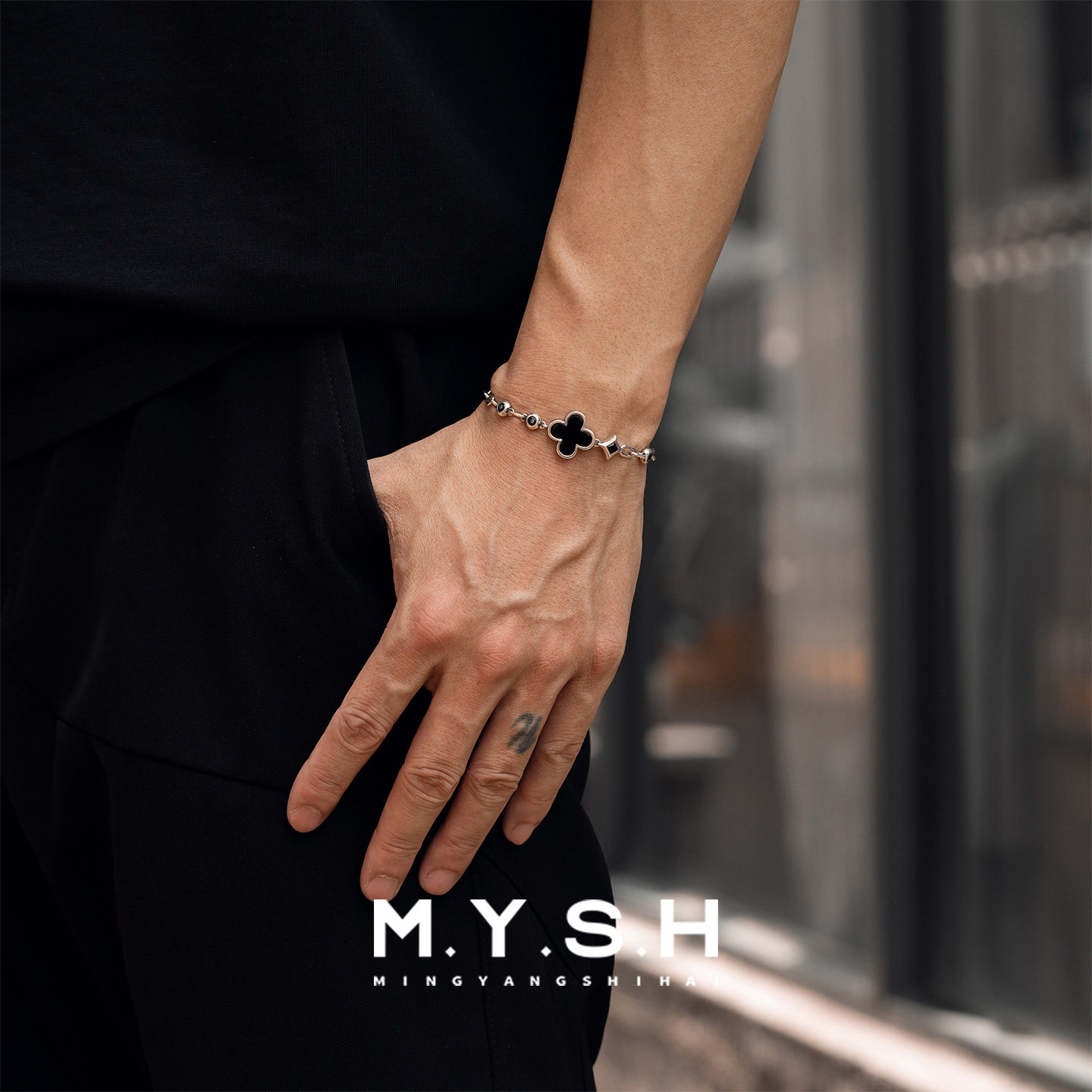MYSH 纯银天然黑玛瑙幸运四叶草手錬男士复古高级感礼物原创设计