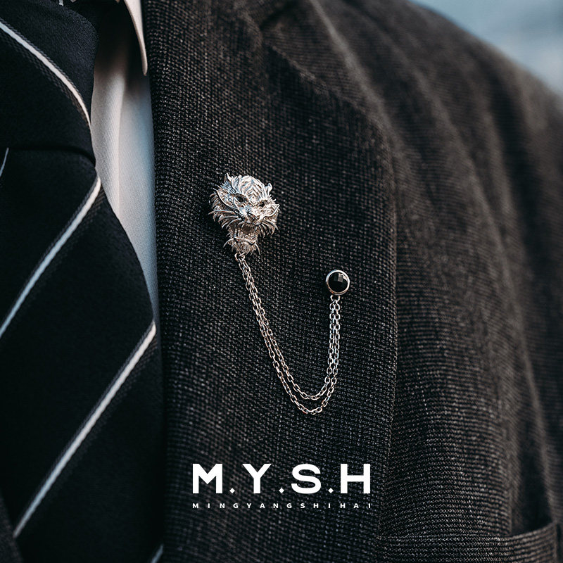 MYSH Sterling Silver 3D Tiger Brooch for Men - High-End, Unique Black Onyx Corsage Pin - Original Design