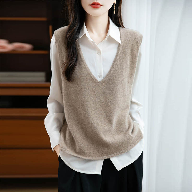 2025 Spring and Autumn High-End Layered Pure Wool V-Neck Knitted Vest for Women, Loose Sleeveless Sweater, Thin Cardigan