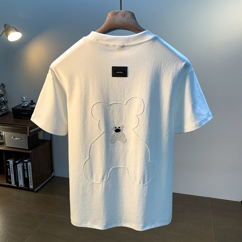 2026 New Men's Short-Sleeved T-Shirt Summer Cartoon Bear Embroidered Round Neck Loose and Versatile Trendy Top