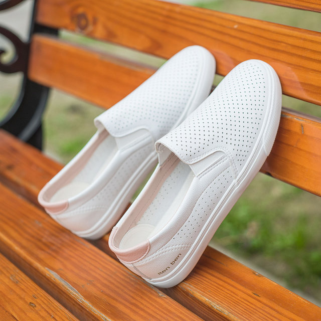 Renben summer ໃຫມ່ເກີບສີຂາວຂອງແມ່ຍິງ slip-on lazy breathable ນັກສຶກສາ sneakers ແມ່ຍິງ hollow ເກີບພະຍາບານສີຂາວ