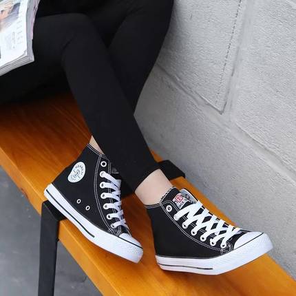 人本高帮黑色帆布鞋子女高邦小黑鞋韩版学生百