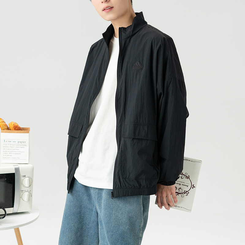 Adidas Stand-Up Collar Jacket Men's Autumn New Woven Windbreaker Men's Casual Loose Black Jacket Men's Clothing