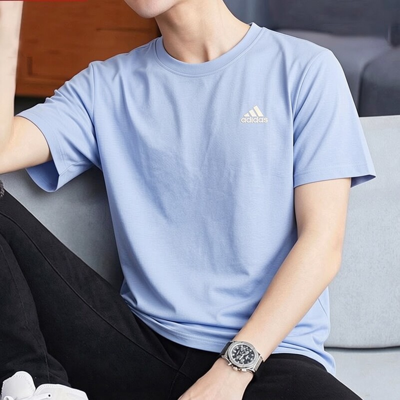 Adidas Blue T-Shirt Men's Summer New Casual Loose Cotton Sportswear T-Shirt Men's Solid Color Short-Sleeved