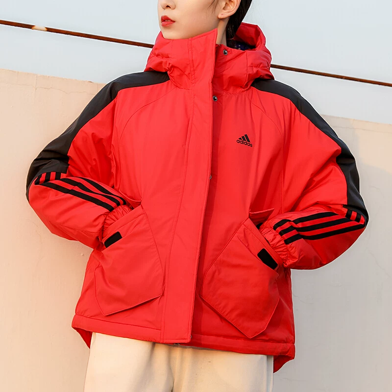 Зимняя красная спортивная пуховка с капюшоном Adidas