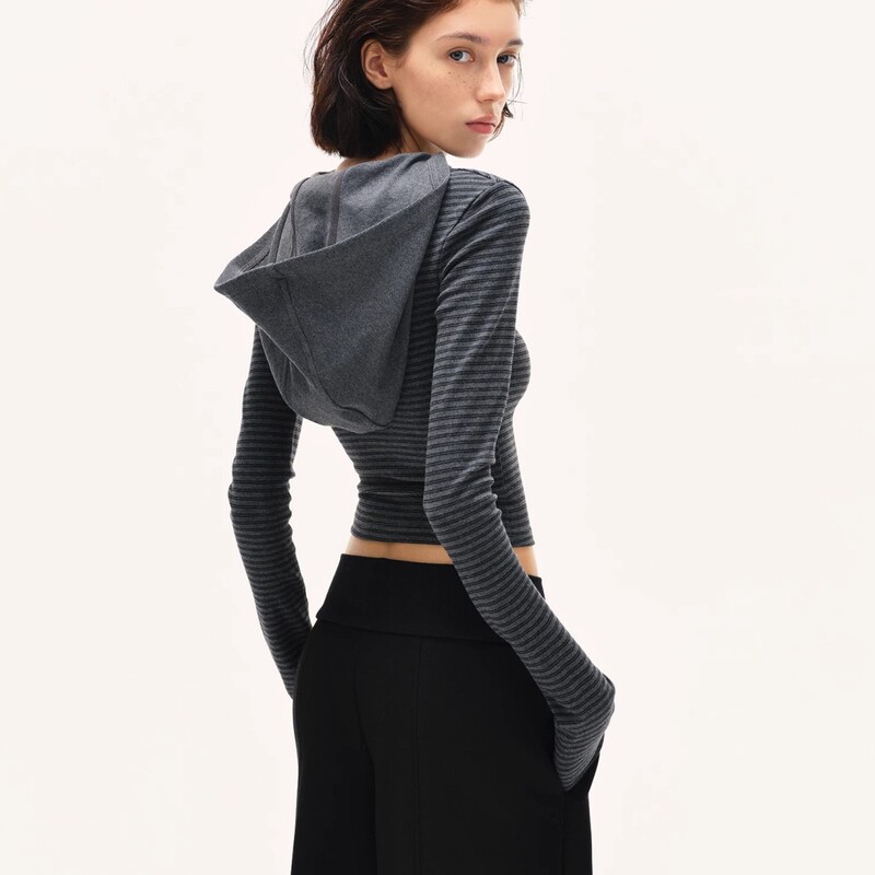Departure! Striped Slim Hoodie Gray Short American Style 2025 New Right Shoulder Slim Classy Hooded Sweatshirt for Women