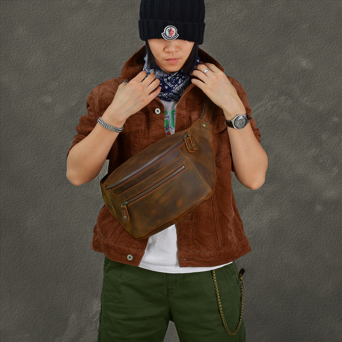 24 Street retro to make old men's crazy Marpi big chest wrap Bull Leather Diagonal Satchel large capacity Single-shoulder rear shoulder bag