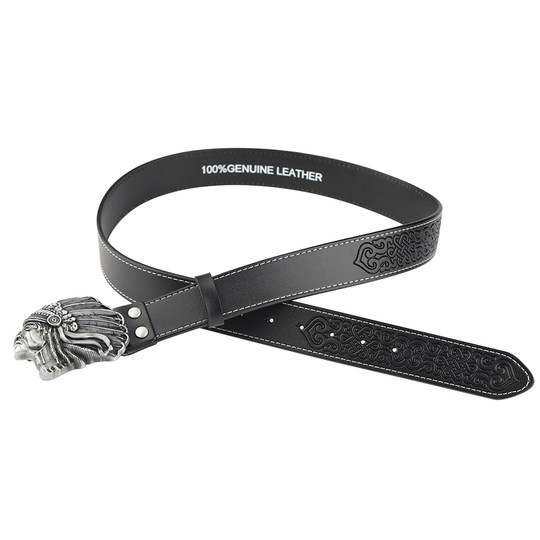 Indian-Style Belt Buckle, Vintage Embossed Genuine Leather Belt, Unisex Decorative Versatile Belt, Two-Layer Cowhide