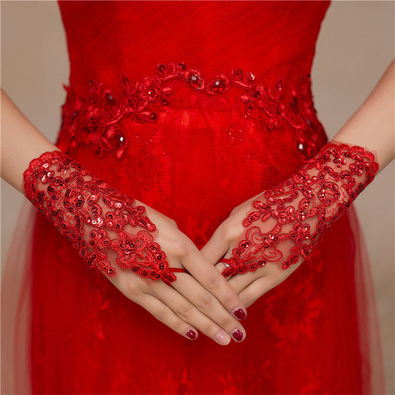 2017 bridal wedding gloves short Korean style leaky finger lace red and white wedding dress lace accessories