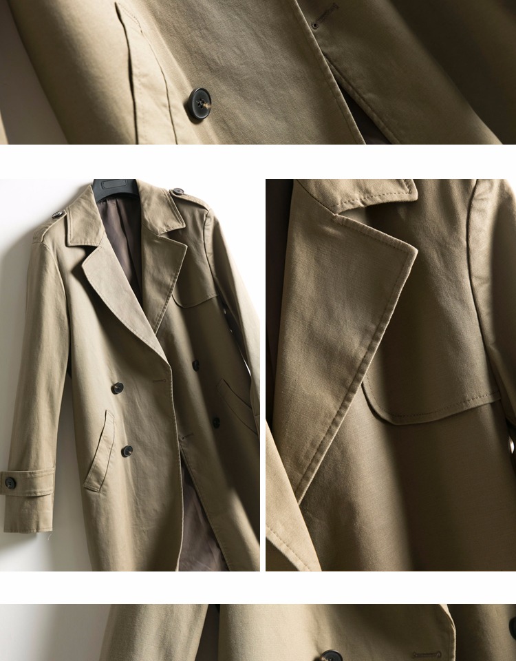 Hàng sắc sảo cổ điển kaki ve áo đôi dài trench coat nam cotton Nhật Bản áo khoác mỏng áo gió dáng dài