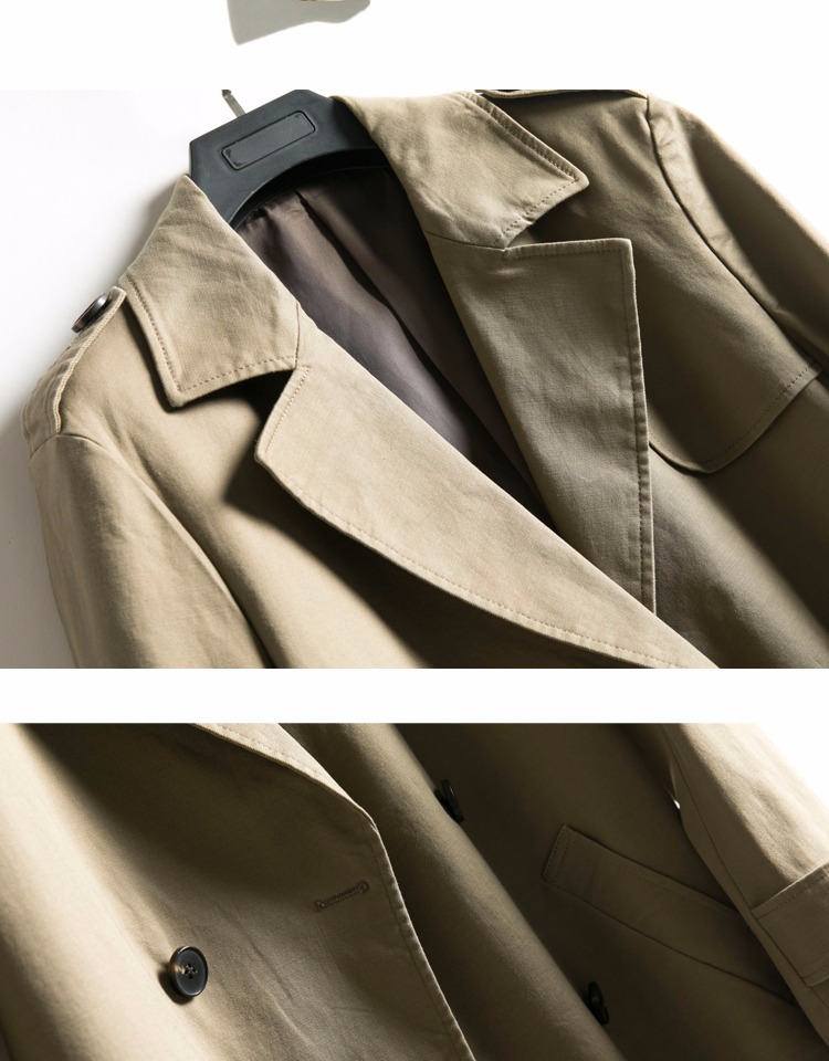 Hàng sắc sảo cổ điển kaki ve áo đôi dài trench coat nam cotton Nhật Bản áo khoác mỏng áo gió dáng dài