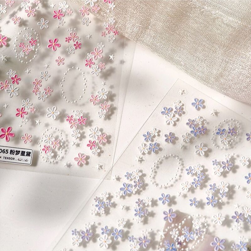 Spring Wildflower Purple Pink Ins-Style Nail Stickers Wholesale Embossed Adhesive Waterproof Nail Decoration Stickers