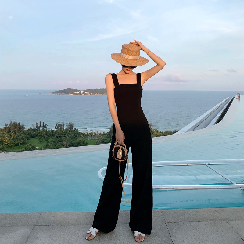 High-Waisted Black Jumpsuit for Women, 2025 Summer New Style, Waist-Cinching Overalls, Straight-Leg Wide-Leg Floor-Length Pants