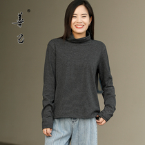 Black gray stripe high neck loose T-shirt women long sleeve autumn winter slim Art size elastic pullover base shirt