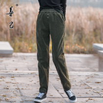 Good self corduroy plus velvet thick pants children 2021 Winter new high waist slim Harlan small foot pants strippery tide