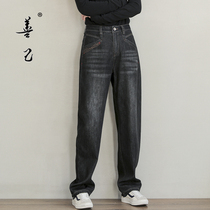 Black plus velvet slim straight trousers women loose casual retro winter thick embroidery literary large size mop pants