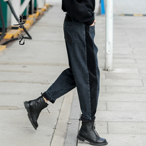 Shanji high waist plus velvet thickened corduroy stitching jeans women 2021 Winter New loose Harlan radish pants