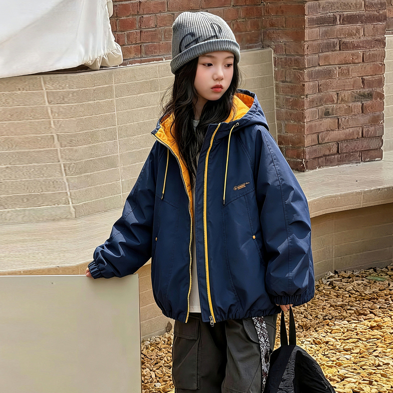 Girls' Padded Jacket Autumn and Winter Outfit, Large Children's Hooded Warm Parka, Cotton Coat, Girls' Winter Thickened Outdoor Jacket