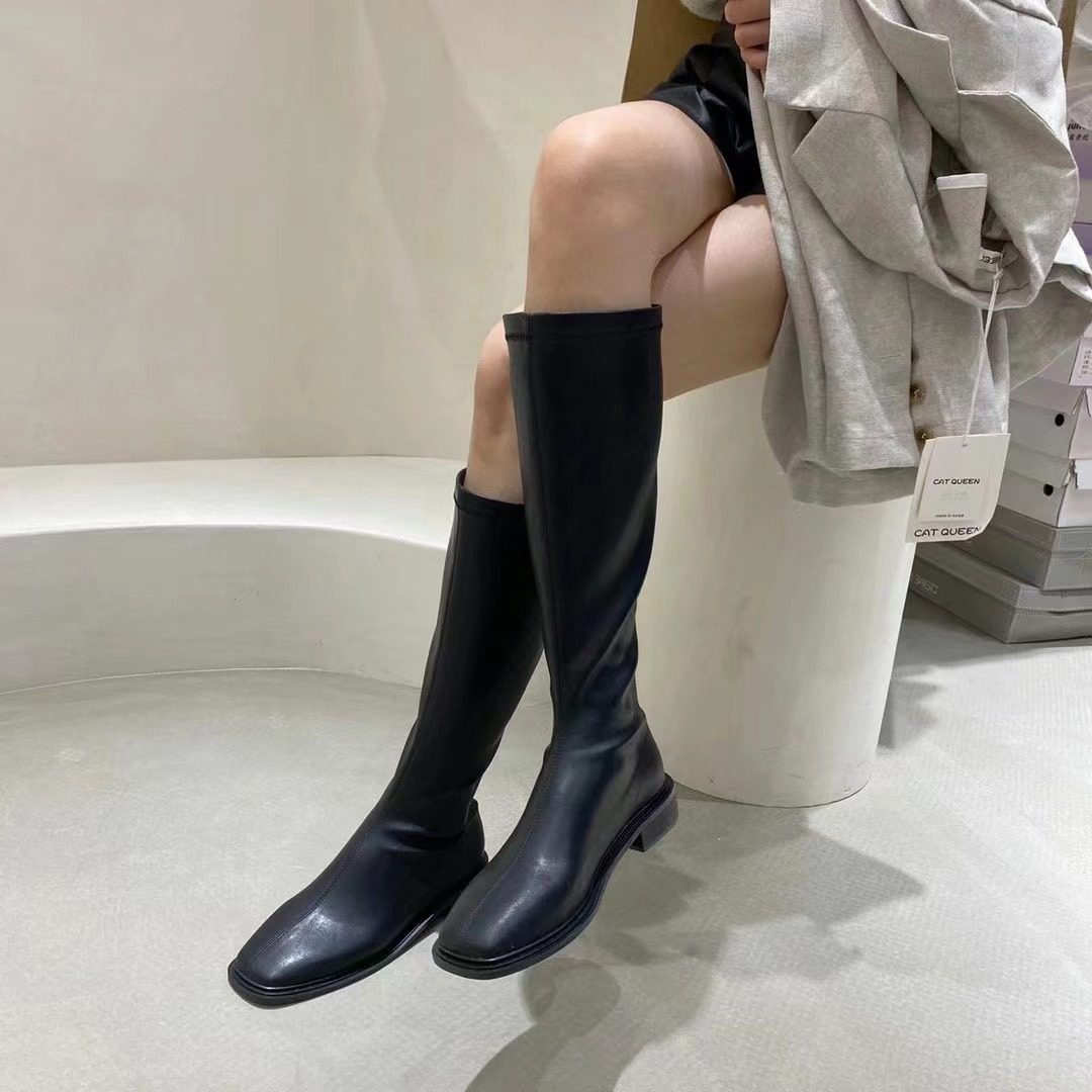 Style small crowdsourced 2021 autumn winter black plus suede warm high cylinder boot female square head thick bottom soft leather long cylinder boot slim boot slim boot