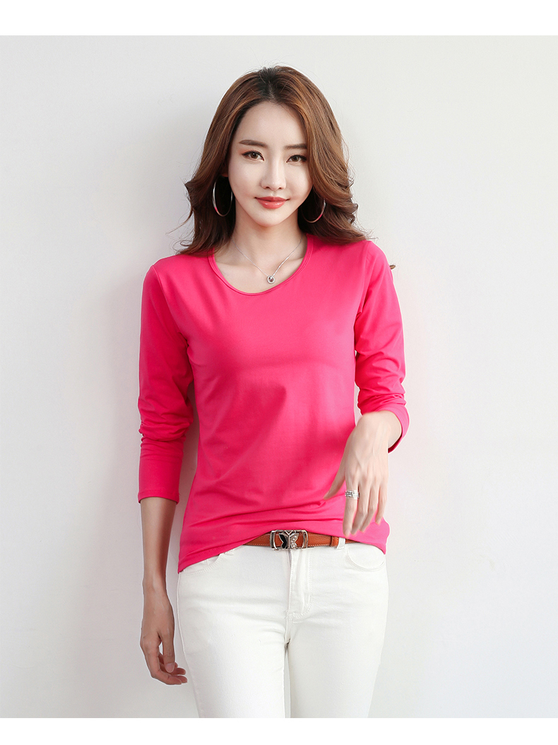 Mùa thu cổ tròn dài trục nữ dài tay áo thun cotton đẫm máu áo nhỏ mùa hè mỏng phần thường mặc quần áo mùa thu bên ngoài đất nữ áo thun cổ lọ nữ