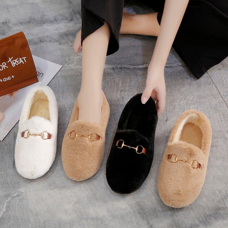 网红毛毛鞋女2019秋冬季新款韩版百搭平底加绒单鞋女棉鞋豆豆女鞋