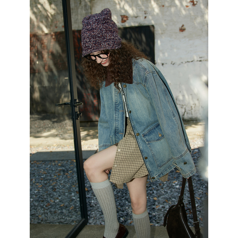 Llyllylly Spring and Autumn Vintage Washed Denim Jacket for Women, Loose Casual Patchwork Collar Jacket Top