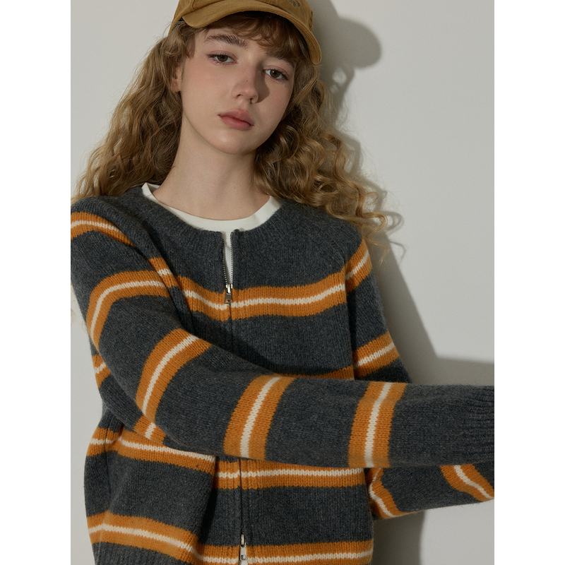 Llyllylly 100% Wool Retro Striped Round Neck Knitted Cardigan for Women, Autumn and Winter Short Thick Sweater Coat