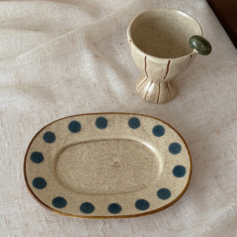 Zhangzhang's Store·Vintage Blue Polka Dot Series Coarse Pottery Tableware Underglaze Color Daily Japanese Style Oval Cold Stir-Fry Plate