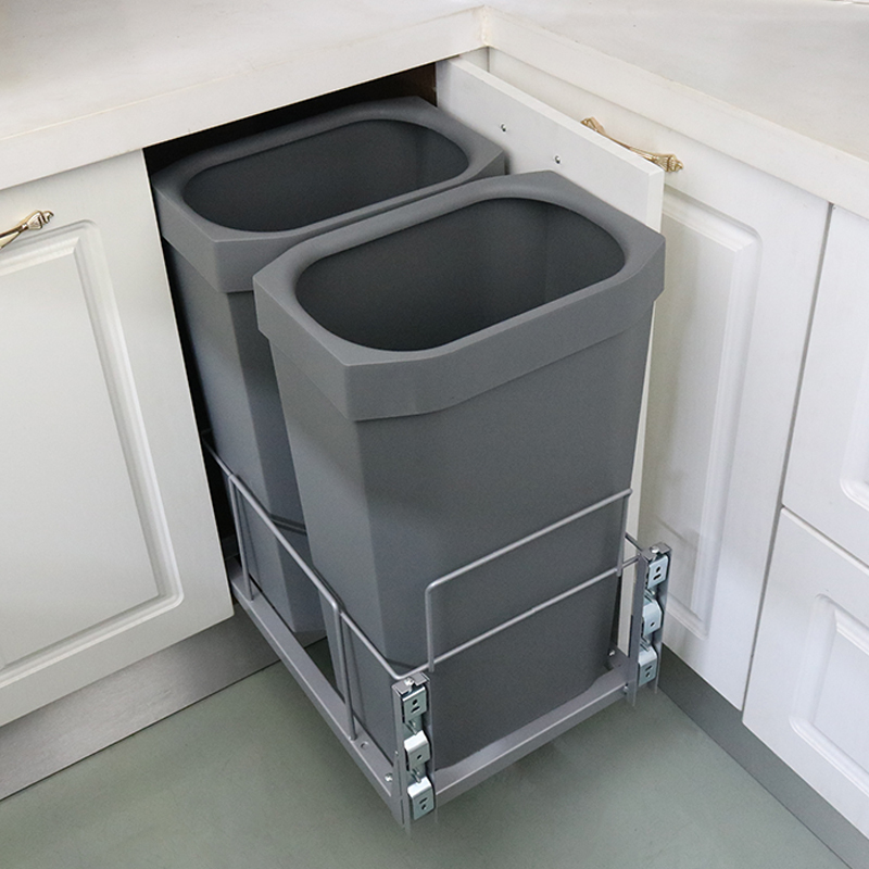 Kitchen Cabinet Pull-Out Embedded Hidden Door-Type Lidless Heightened Trash Can with Classification for Home Use with Buffer Damping Rail