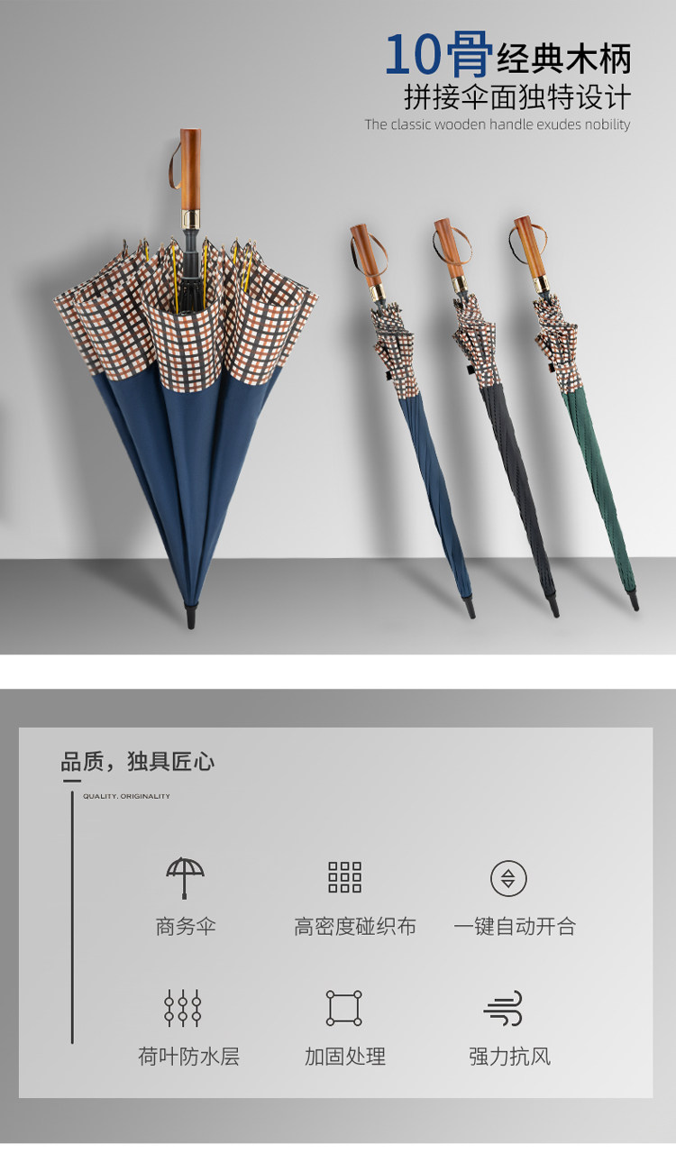 商务自动长柄伞黑胶涂层晴雨两用小巧十骨高尔夫拼花双人伞详情1