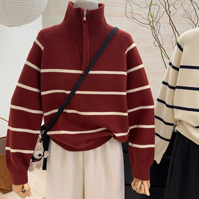 Half-Zip Turtleneck Loose Knit Sweater for Autumn and Winter, Color-Blocked Striped Warm Long-Sleeve Sweater, Casual Slim-Fit College Style Thick