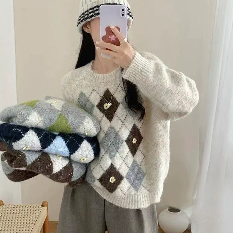 Melard Style Diamond Jacquard Soft Sweater Pullover for Women, Loose Fit, Thickened for Winter, Knitted Top for Women